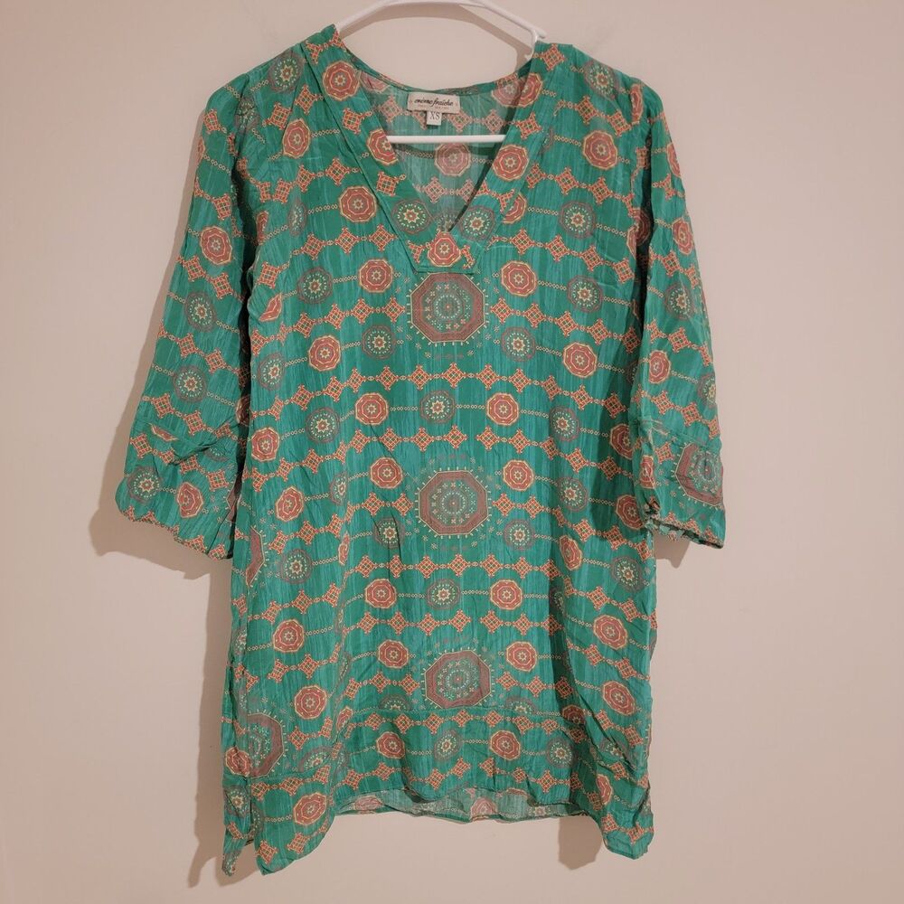 Creme Fraiche Womens‎ Kaftan Shirt Size Xs Silk Green Boho Summer